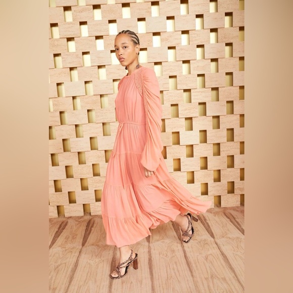 Ulla Johnson Noelle Dahlia Coral 100% Silk Long Sleeve Midi Dress Size 2 - Picture 3 of 17